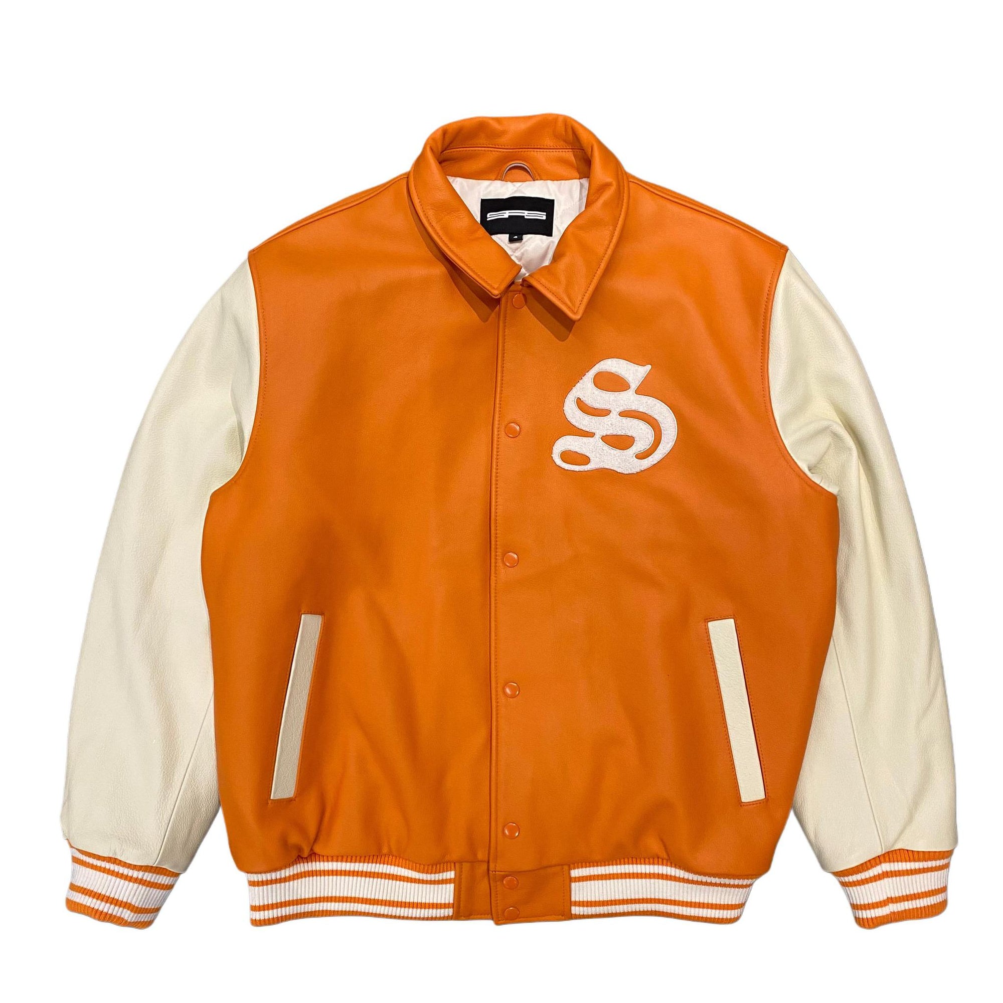 Sp5der Leather Varsity Jacket Orange